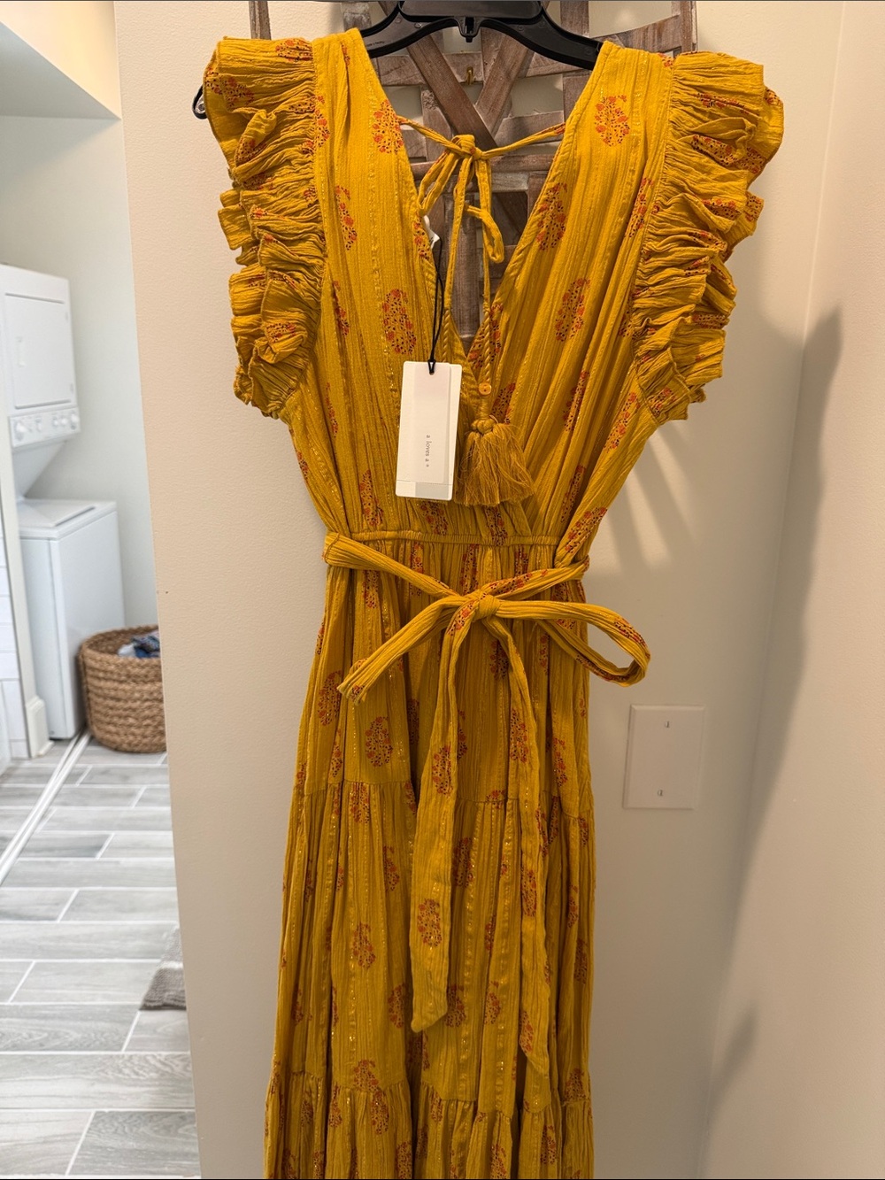 A Loves A Tie-Waist Ruffle Sleeve Maxi Dress - Mustard